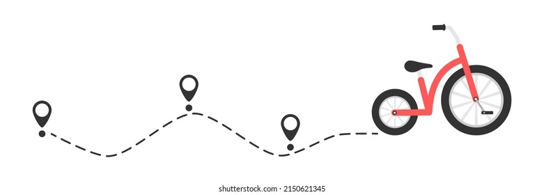 Cute colorful bicycle with start location pin. Color child bike with line route. Healthy and travel concept. Vector illustration isolated on white.