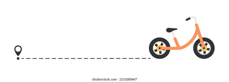 Cute colorful bicycle with start location pin. Color child bike with line route. Healthy and travel concept. Vector illustration isolated on white.