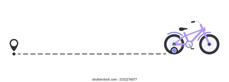 Cute colorful bicycle with start location pin. Color child bike with line route. Healthy and travel concept. Vector illustration isolated on white.