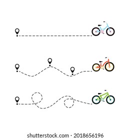 Cute colorful bicycles with start location pin. Different color bikes. Healthy lifestyle. Travel concept. Vector illustration isolated on white