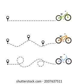 Cute colorful bicycles with start location pin. Different color bikes. Healthy lifestyle. Travel concept. Vector illustration isolated on white