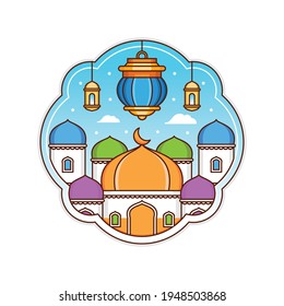 Cute colorful big mosque and lantern illustration