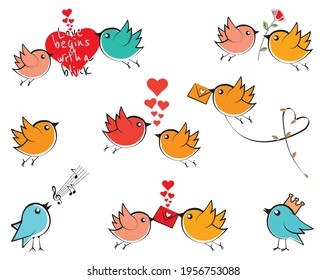 Cute colorful bird cartoon character, vector. Flying bird cheerful illustration isolated on white background. Set of childish wall decals, stickers, wall art, artwork.