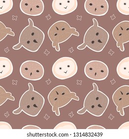 Cute colorful bird seamless pattern with owls and dots for kids stationery designs and clothing. Vector illustration of owls heads on brown background. Cartoon pattern.
