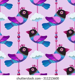 Cute Colorful Bird Seamless Pattern. Cartoon characters.