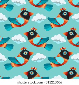 Cute Colorful Bird Seamless Pattern. Cartoon characters.