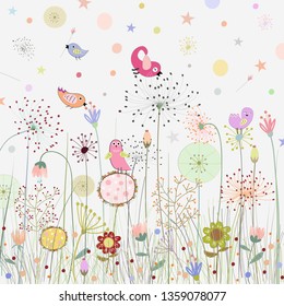 cute colorful bird in sweet flower garden cartoon,illustration vector comic art for any card.