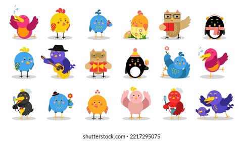 Cute Colorful Birds with Beak and Wings Engaged in Different Activity Vector Big Set