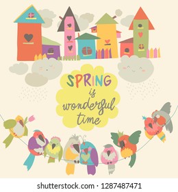 Cute colorful birds and birdhouses in spring