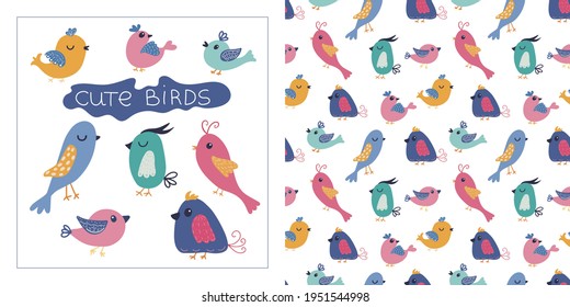 Cute colorful birds in cartoon style and seamless pattern with these birds. Bright colors. Vector isolated elements