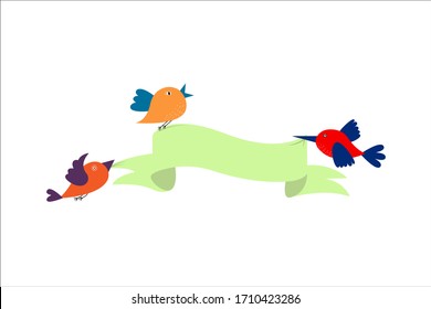 cute colorful birds hold banner ribbon. Blank banner mockup template for text