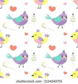 Cute colorful birds on a dotted background seamless texture EPS