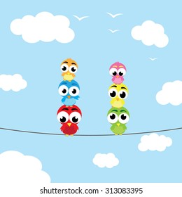 Cute colorful birds on wires