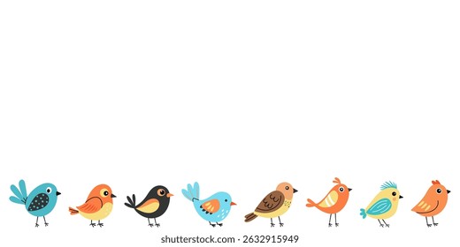 Cute colorful birds in a row on white background. Flat cartoon style, minimal and playful design. Perfect for kids, nursery decor, greeting cards, and spring-themed projects.