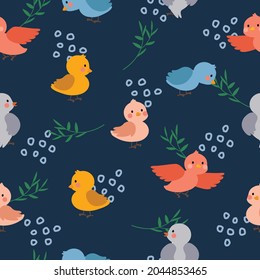 Cute colorful birds seamless pattern background. Flat vector cartoon design