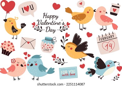Cute colorful birds  Valentine's Day vector set for stickers  greeting cards   posters  Love  heart  an envelope   calendar	