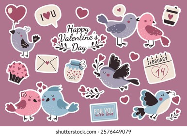 Cute colorful birds. Valentines Day vector set for stickers, greeting cards and posters. Hand drawn sticker pack with love birds.