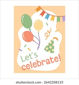 Cute colorful birthday card celebrate. Hand-drawn vector illustration in flat style.