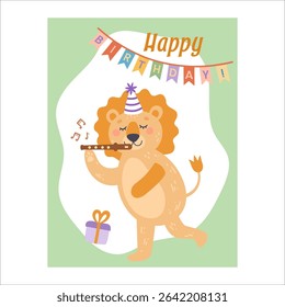 Cute colorful birthday card lion. Animals, fun. Hand-drawn vector illustration in flat style.