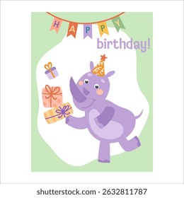Cute colorful birthday card rhino. Animals, fun. Hand-drawn vector illustration in flat style.