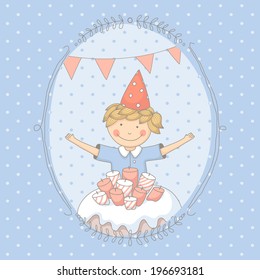 Cute colorful birthday card with a young boy and a cake. EPS 10. No transparency. No gradients. 