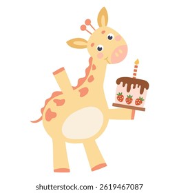 Cute colorful birthday giraffe. Animal character safari. Hand-drawn vector illustration in flat style.