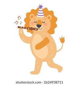 Cute colorful birthday lion with flute. Animal character. Hand-drawn vector illustration in flat style.
