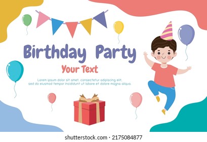 Cute Colorful Birthday Party Card Template banner, cute children and Happy Birthday card advertising brochure, your text, flat Funny cartoon isolated vector Illustration on white background