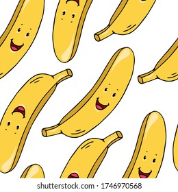 Cute colorful black outline smiling bananas seamless pattern on a white background. Happy fruit and vegetables cartoon characters concept.