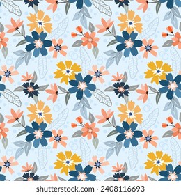 Cute colorful blooming flowers seamless pattern. This pattern can be used for fabric textile wallpaper giftwrap paper background.