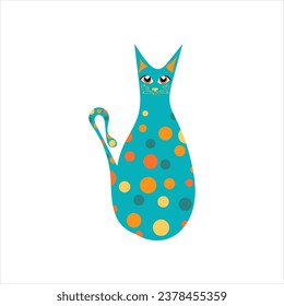 Cute colorful blue cat with polka dot pattern looking like bowling pins. One from the collection for kids. Vector illustration	