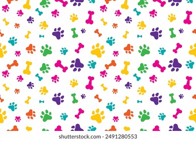 Cute Colorful Bone And Cat Or Dog Paw Pattern Background. Wallpaper. Vector Illustration