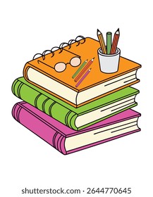 Bonita coleção de livros coloridos. Diferentes pilhas e pilhas de livros, livros abertos e fechados. Tema educacional, literatura científica e de ficção. Ilustração vetorial isolada sobre fundo branco.