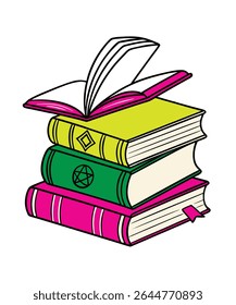 Cute colorful book collection. Different stacks and piles of books, open and closed books. Educational theme, scientific and fiction literature. Vector illustration isolated on white background.