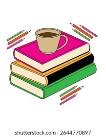 Cute colorful book collection. Different stacks and piles of books, open and closed books. Educational theme, scientific and fiction literature. Vector illustration isolated on white background.