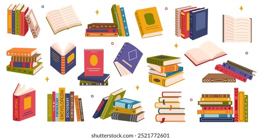 Cute colorful book collection. Set of different stacks and piles of books, open and closed books. Educational theme, scientific and fiction literature. Vector illustration isolated on white background