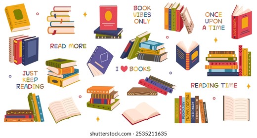 Cute colorful book collection. Set of different stacks and piles of books, open and closed books. Educational theme, scientific and fiction literature. Vector illustration isolated on white background