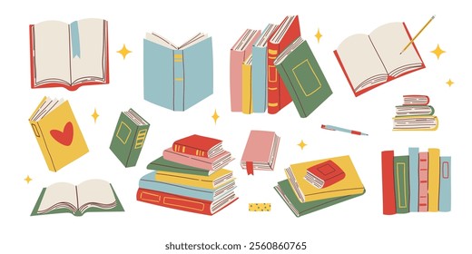 Cute colorful book collection. Set of different stacks and piles of books, open and closed books. Educational theme, scientific and fiction literature. Vector illustration isolated on white background