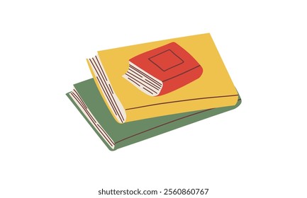 Cute colorful book collection. Set of different stacks and piles of books, open and closed books. Educational theme, scientific and fiction literature. Vector illustration isolated on white background