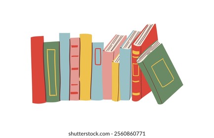 Cute colorful book collection. Set of different stacks and piles of books, open and closed books. Educational theme, scientific and fiction literature. Vector illustration isolated on white background