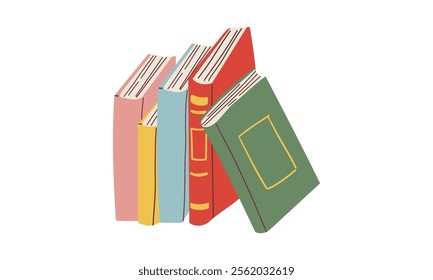 Cute colorful book collection. Set of different stacks and piles of books, open and closed books. Educational theme, scientific and fiction literature. Vector illustration isolated on white background