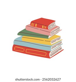 Cute colorful book collection. Set of different stacks and piles of books, open and closed books. Educational theme, scientific and fiction literature. Vector illustration isolated on white background