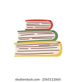 Cute colorful book collection. Set of different stacks and piles of books, open and closed books. Educational theme, scientific and fiction literature. Vector illustration isolated on white background