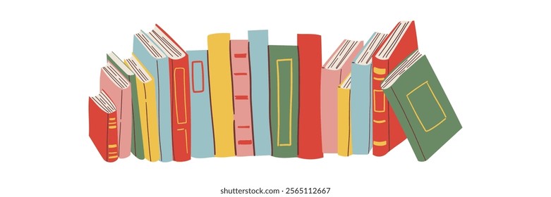 Cute colorful book collection. Set of different stacks and piles of books, open and closed books. Educational theme, scientific and fiction literature. Vector illustration isolated on white background