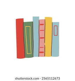 Cute colorful book collection. Set of different stacks and piles of books, open and closed books. Educational theme, scientific and fiction literature. Vector illustration isolated on white background