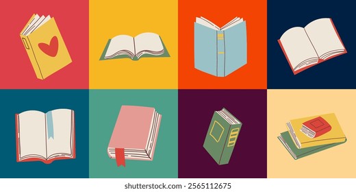 Cute colorful book collection. Set of different stacks and piles of books, open and closed books. Educational theme, scientific and fiction literature. Vector illustration isolated on white background