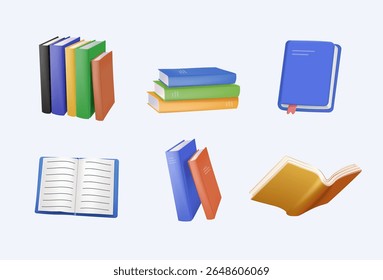 Bonita coleção de livros coloridos. Conjunto de diferentes pilhas e pilhas de livros, livros abertos e fechados. Tema educacional, literatura científica e de ficção. Ilustração de vetor de renderização 3D isolada no branco