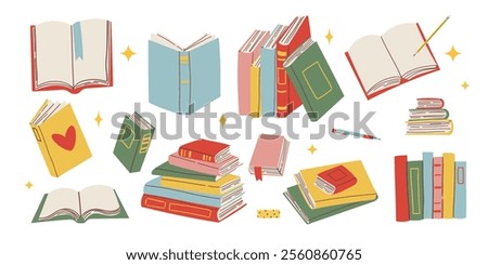 Cute colorful book collection. Set of different stacks and piles of books, open and closed books. Educational theme, scientific and fiction literature. Vector illustration isolated on white background