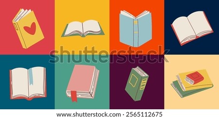 Cute colorful book collection. Set of different stacks and piles of books, open and closed books. Educational theme, scientific and fiction literature. Vector illustration isolated on white background