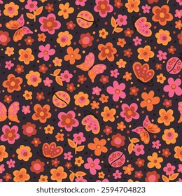 Cute colorful botanical vector seamless pattern. Cartoon tiny flowers, butterflies and ladybugs, multicolored background. Fun and joyful allover print for fabric, kids clothes, any surfaces.